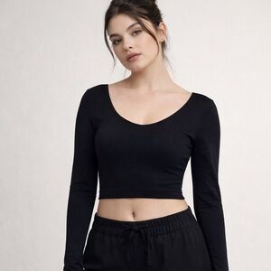 Aeropostale Black Seamless Cropped Top M Balletcore Goth Long Sleeve Moto Biker